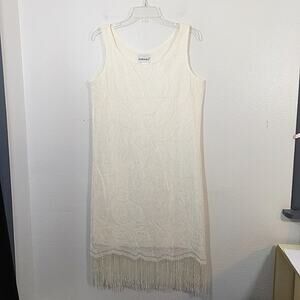 Vintage 80s cream leaf lace fringed Gatsby column flapper dress Fashion Bug 8